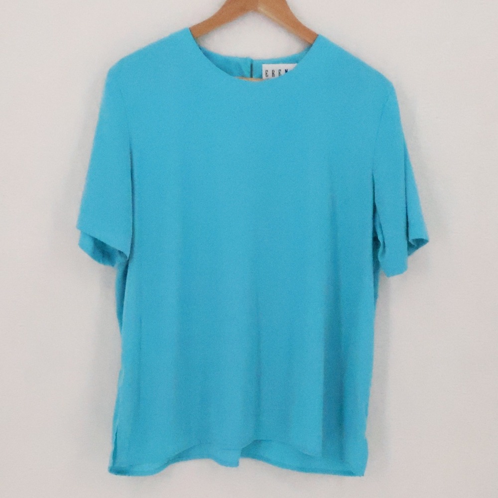 Erena Vintage‎ Short Sleeve Blouse Top Womens Size L Turquoise Blue Career
